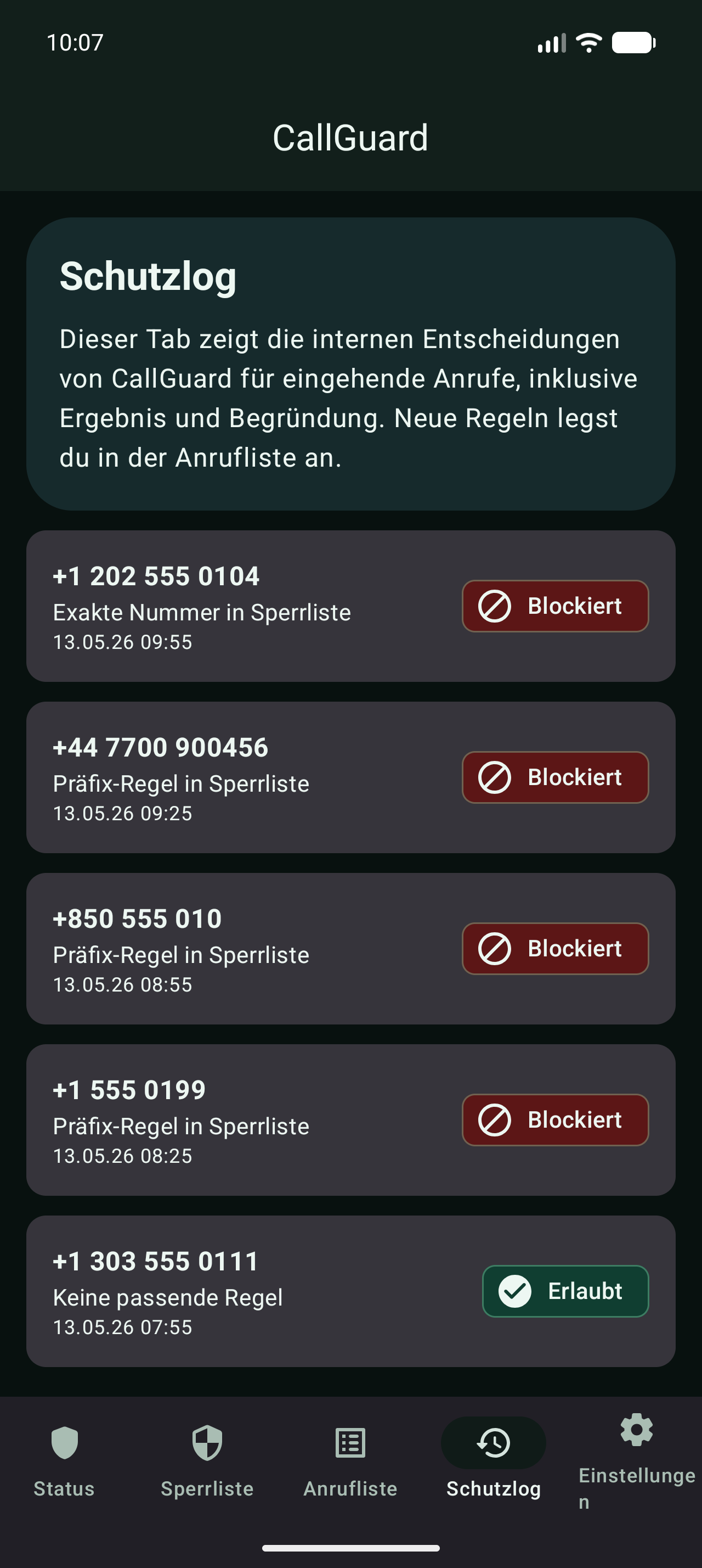 Screenshot des Block You!-Schutzlogs mit Beispielnummern und Präfix-Treffern.