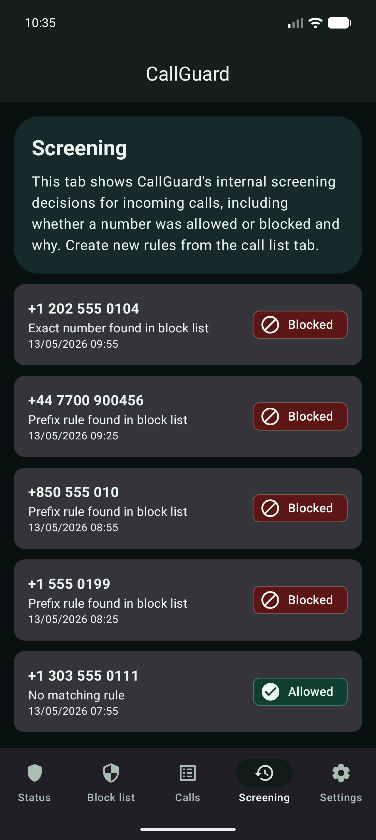 Screenshot of the Block You! protection log with example blocked numbers and prefix matches.