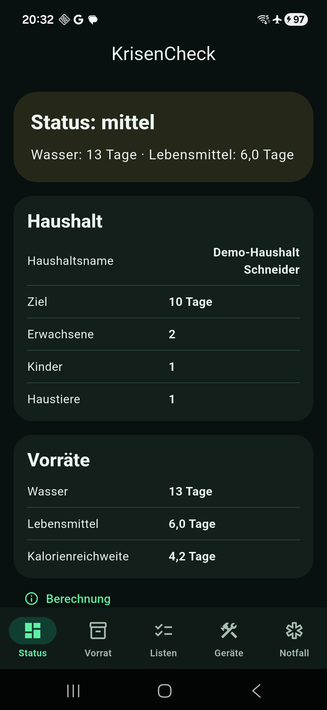 KrisenCheck dashboard with medium readiness status, household profile, and supply ranges.