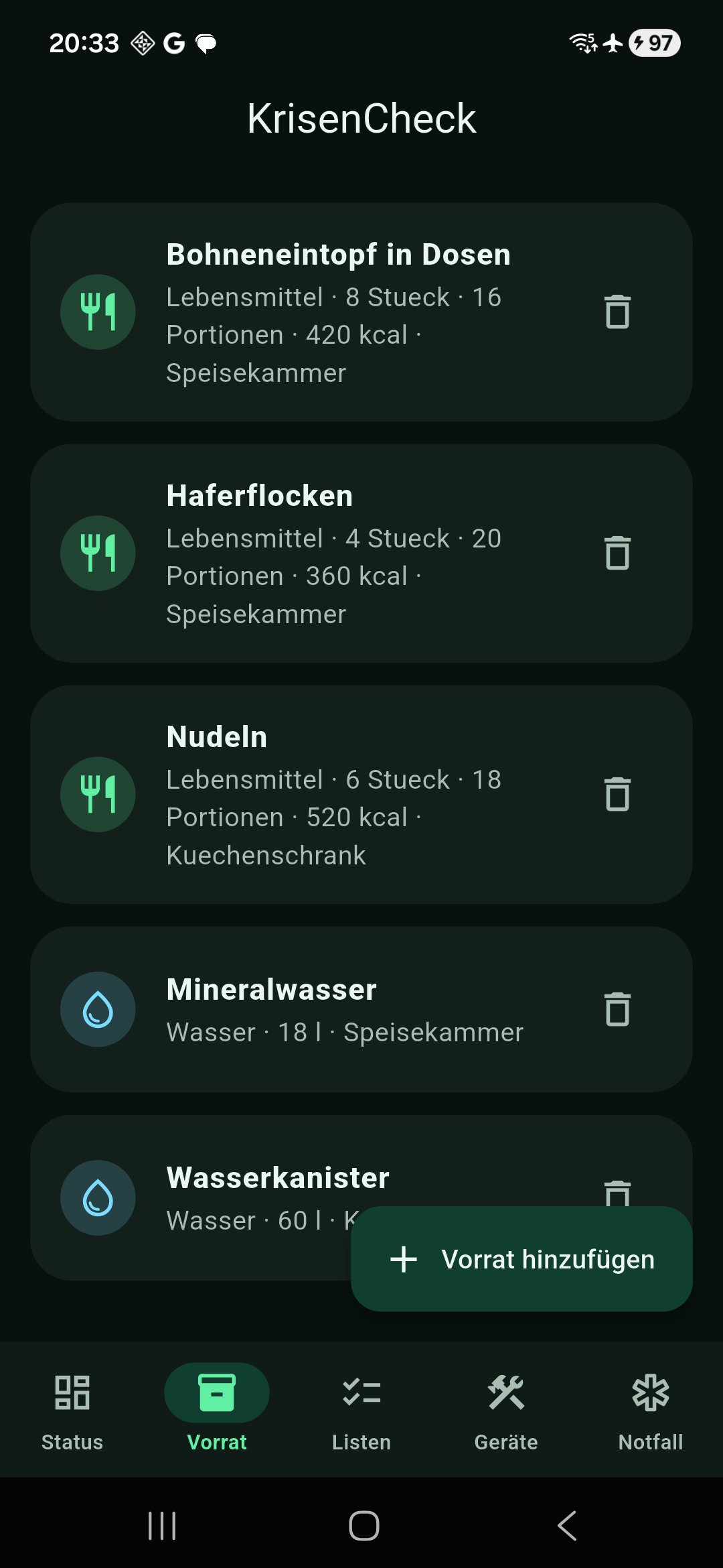 Supply list with food, water, and an action to add new supplies.